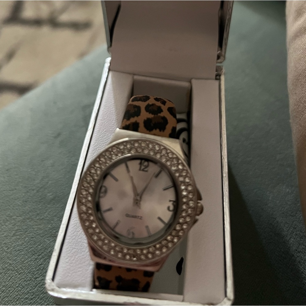 Embassy cheetah print rhinestone watch bangle, NEW in box